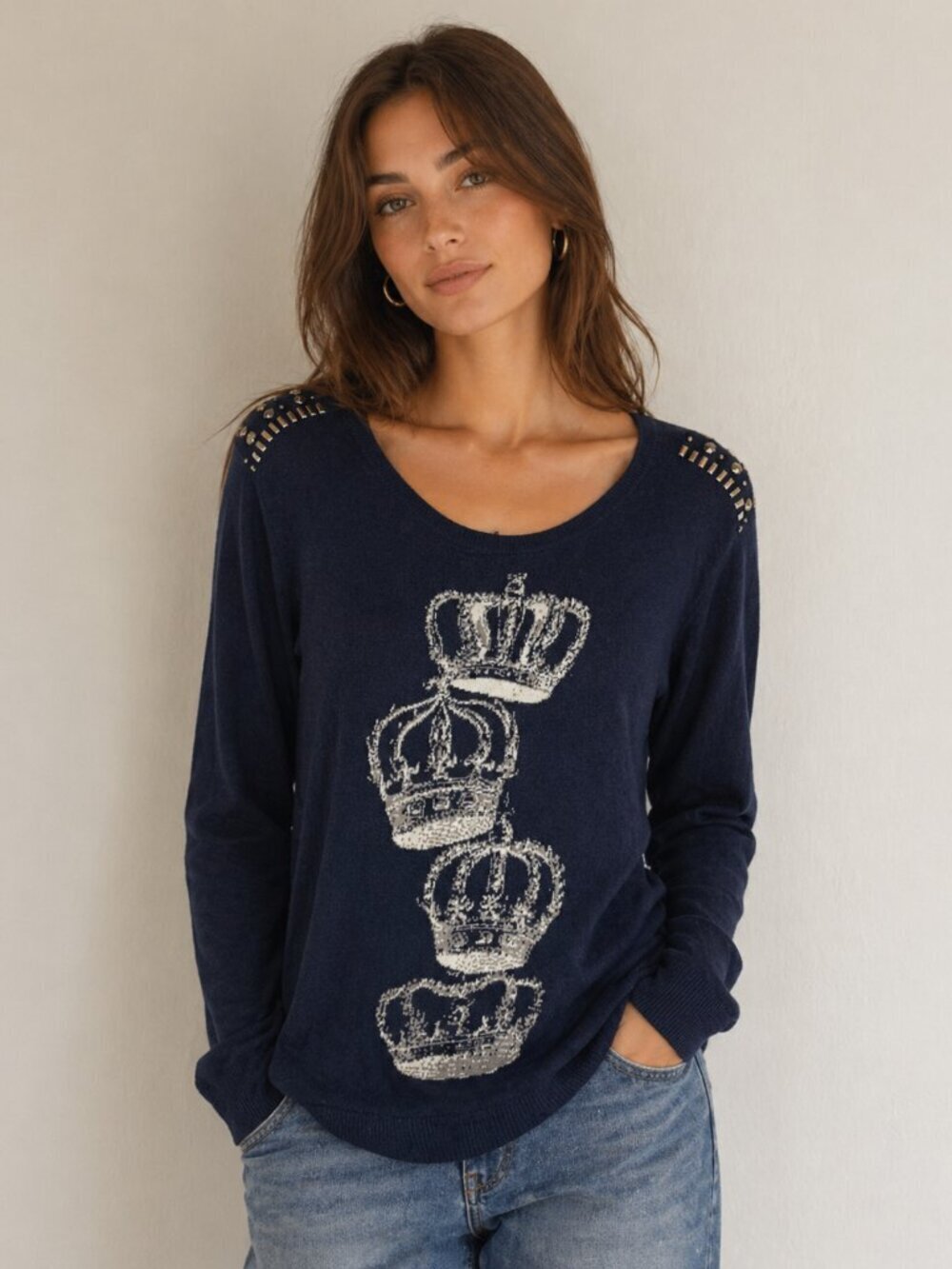Rock and Republic Top Y2K Crown Graphic Tunic Sweater Blue Medium